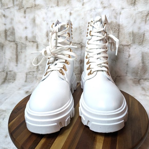 * Mata Shoes White Vegan Leather Studded Detail Fashion Combat Ankle Boots - Picture 8 of 15